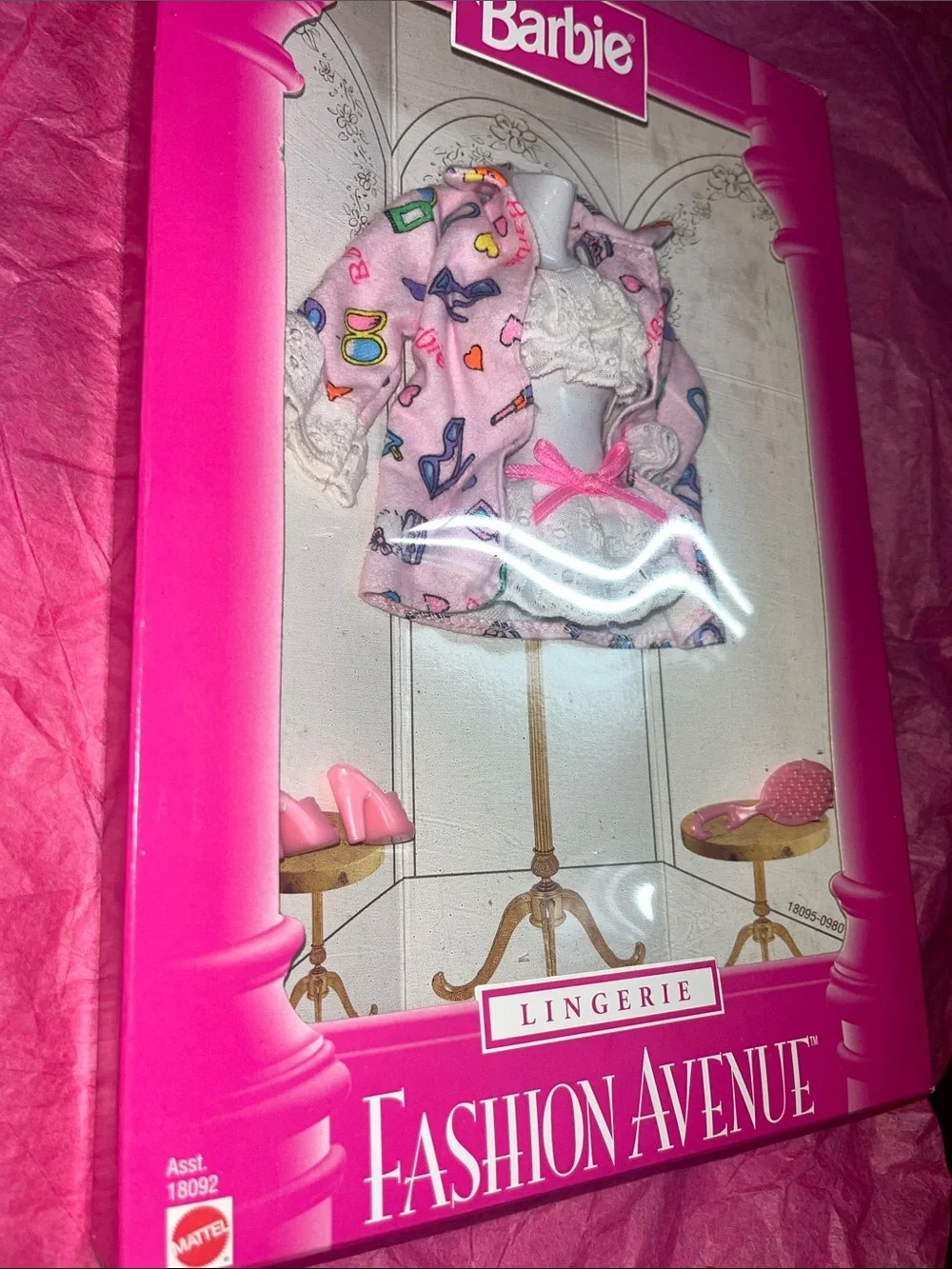 Mattel Barbie Pink Printed Robe with White Lace Lingerie Set